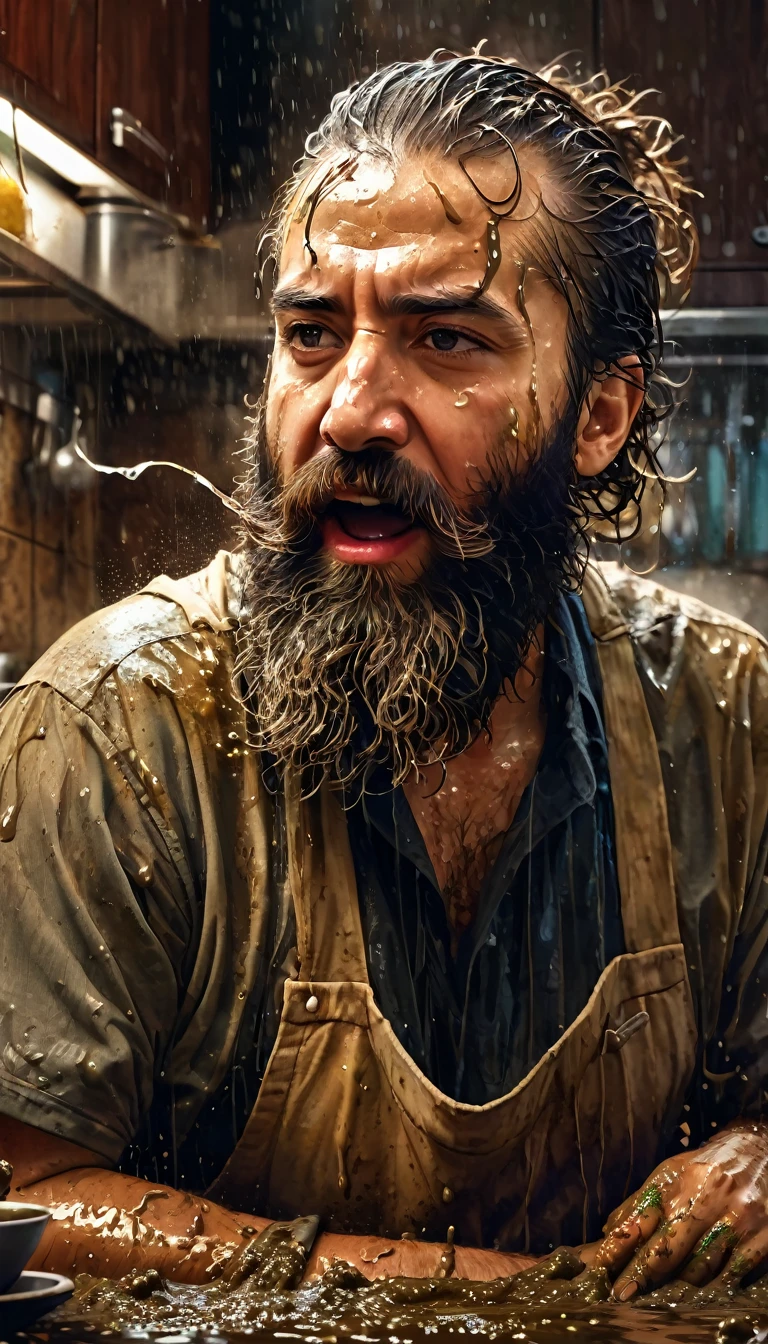 Turkish man, bearded, dirty, disheveled, in the kitchen of a kebap, digital art inspired by Bill Sienkiewicz and Dave McKean, highly detailed, photorealistic, 8k, masterpiece, intricate, cinematic lighting, dramatic colors, chiaroscuro, wet mud, dirt, splashing, messy, playful, vibrant
