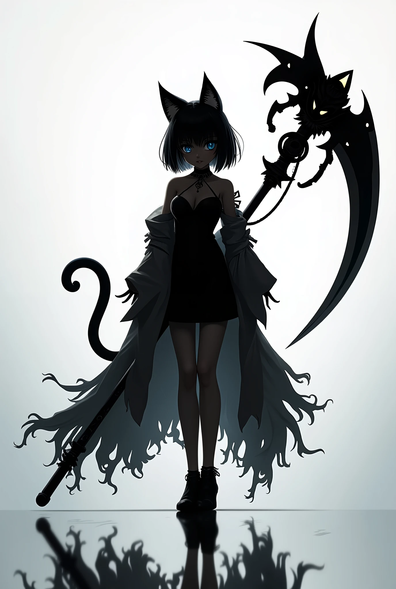 Detailed silhouette of a cyberpunk girl with cat ears and a tail, Bob Cut Hair, Flowing, Tattered coat, He carries a giant scythe with a mechanical cat design.., Stand on the glossy, Minimalist Reflective Surface, Soft Gray Background.
