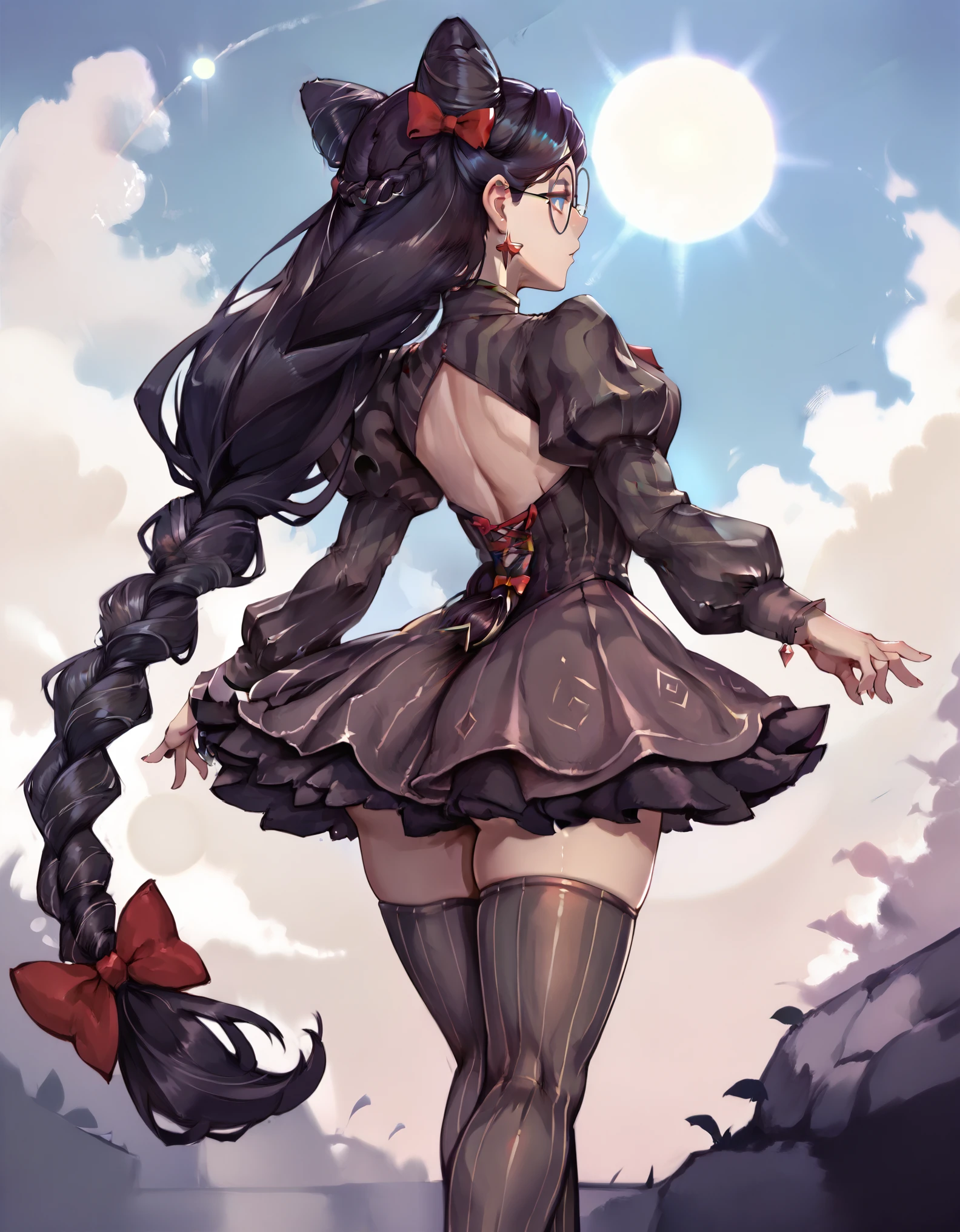 score_9, score_8_up, score_7_up, anime_source, source_safe, 1girl, standing, from behind, arched back, blue sky, sun, SWMS cereza, cone hair bun, single braid, round eyewear, jewelry, vertical stripes, bow, ribbon, puffy sleeves,dress+leotard,very long hair, thighhighs, juliet sleeves