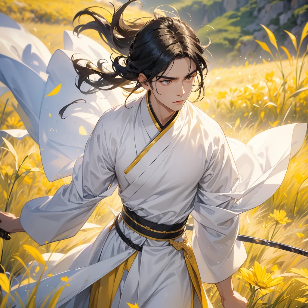 A Handsome black-hair male holding a large sword in white hanfu dress, Standing in the midst of a field of bright yellow gold fields, close up.