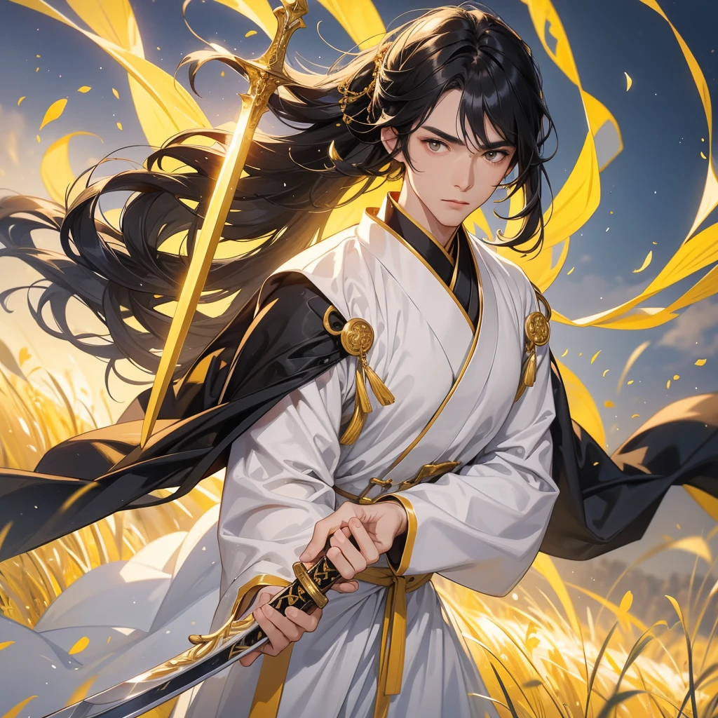 A Handsome black-hair male holding a large sword in white hanfu dress, Standing in the midst of a field of bright yellow gold fields, close up.