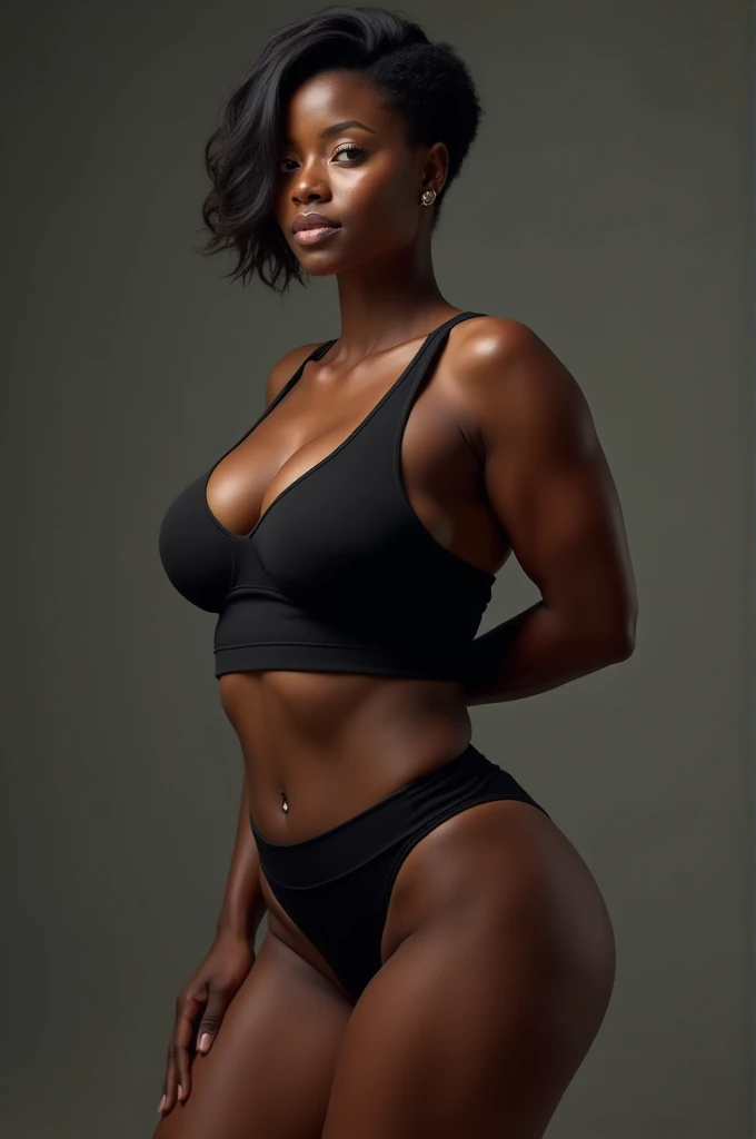 Black women、One person、Short Hair、Big Breasts、Abdominal muscles、10th Generation、Black sports bra、Black Thong、Black jumper