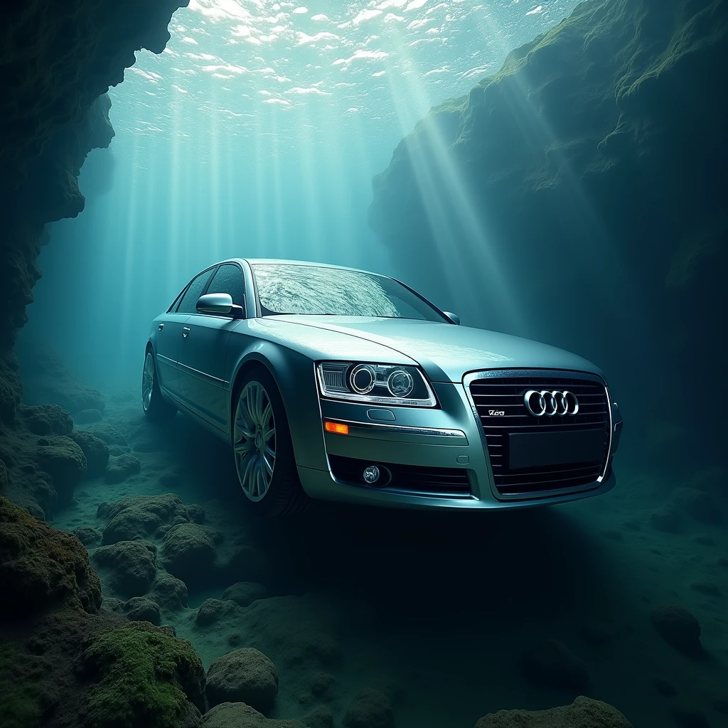 audi a8 from 2005,underwater scene,sea,realistic,photorealistic,cinematic,dramatic lighting,4k,8k,highres,masterpiece:1.2,ultra-detailed,realistic car,extremely detailed car,highly detailed car interior,realistic water reflections,realistic underwater environment,beautiful lighting,volumetric fog,cinematic camera angle,dramatic composition,stunning details