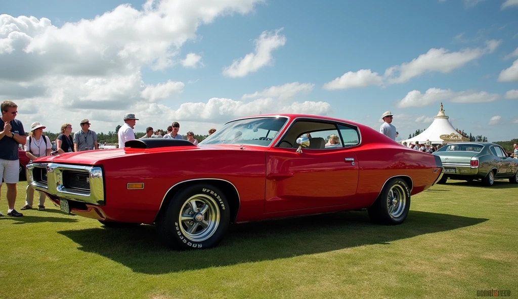 73 valiant charger met cherry red at the Goodwood festival  with a sunny day, wispy white clouds