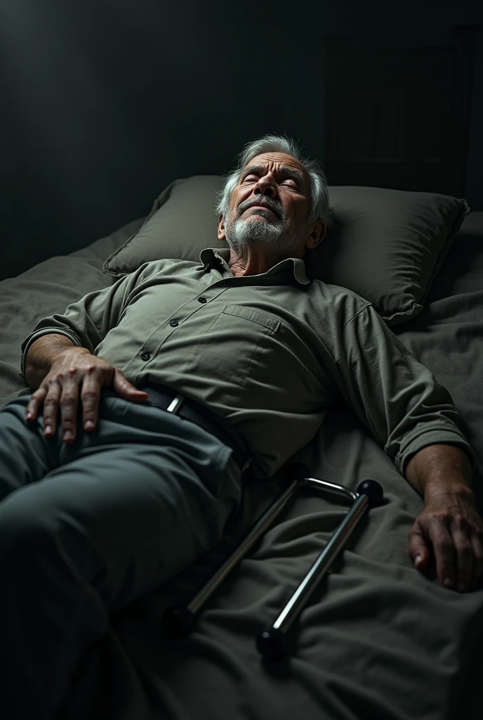 A picture of an elderly man, on his back with crutches with a real dark terrifying amputated leg