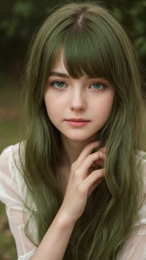 a girl. European. Extremely detailed face. Oval face. Delicate facial features. Half-closed eyes. Long straight hair. Messy hair. Bangs. Green hair. Green eyes. Pensive. Melancholic. Ethereal. Innocent. smile