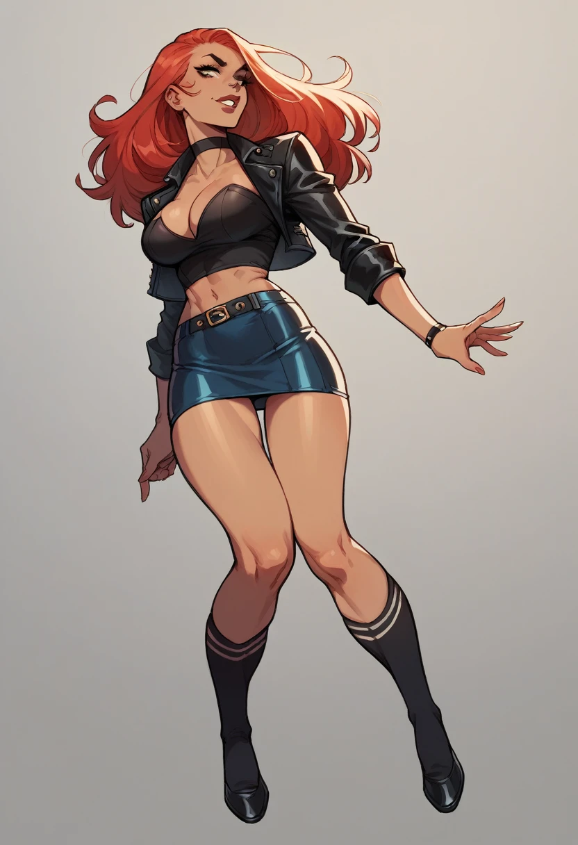 Sexy,Superheroine, Red hair, long hair, busty, ((dark blue short skirt, black blouse with a leather jacket)), thighhigh socks, shoes