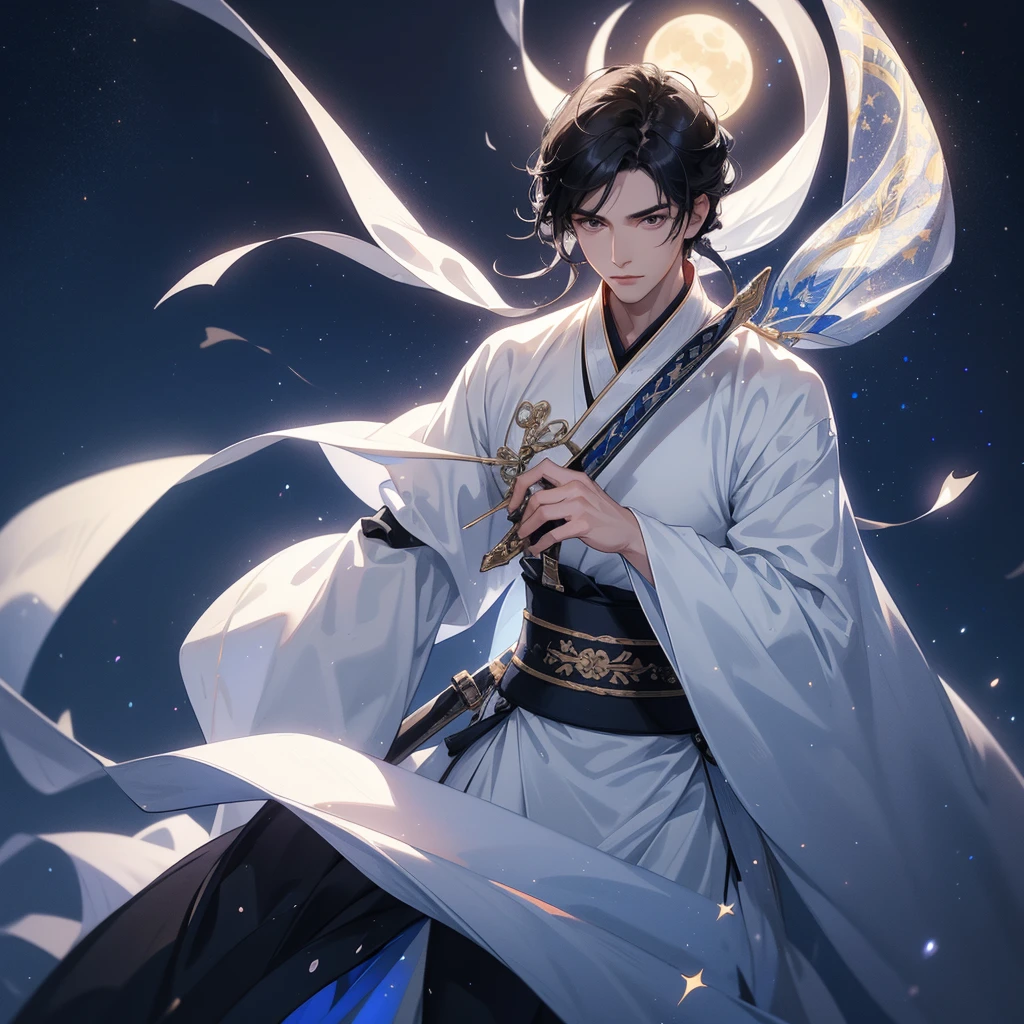 A Handsome black-hair male holding a large sword in white hanfu dress, Background is a dark night, with moonlight and millions of stars, twinkling everywhere, with blue light, close up.