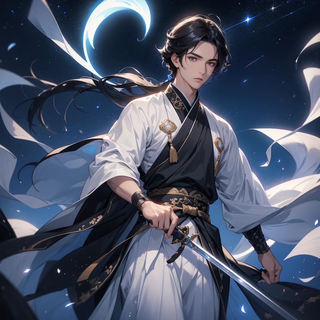 A Handsome black-hair male holding a large sword in white hanfu dress, Background is a dark night, with moonlight and millions of stars, twinkling everywhere, with blue light, close up.