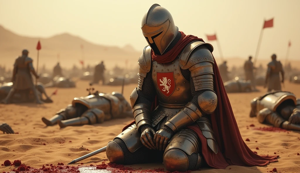 A highly realistic, high-contrast, 8K HD, detailed, hyper-detailed image of a fully armored knight bearing a lion emblem on his chest, kneeling on both knees in the desert, suffering in pain after being defeated in battle. His face is obscured by a helmet, ensuring that no facial features are visible. The lion emblem, as shown in the reference image, is prominently displayed on his chest. Bloodstains are visible on the knight's armor, emphasizing the brutality of the battle. Surrounding him are the bodies of other fallen knights, also bloodied, and some knights are still engaged in combat in the background. The desert scene is intense, with the atmosphere filled with the chaos of battle. The image is of the highest quality, with ultra-high resolution, RAW photo quality, and Unreal Engine rendering, vividly depicting the suffering and despair of the knight in his final moments amidst the brutal combat in the vast desert.