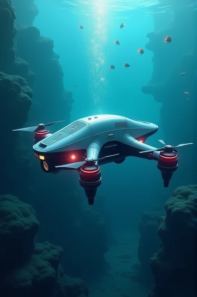 An underwater drone with LED lights