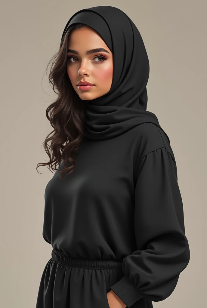 hyper realist), (illustration), (high resolution), (8k), (extremely detaild), (best illustration), mic , hijab pashmina, preto sweater