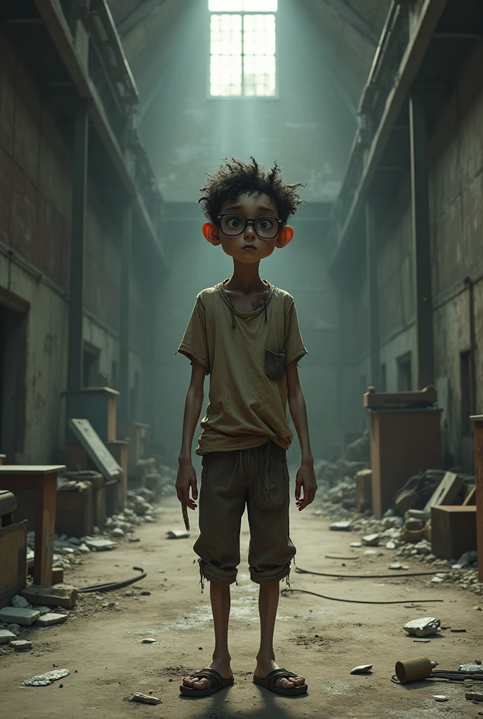 A thin, malnourished young man with a dirty appearance and frizzy hair who wears glasses in a dirty, abandoned warehouse