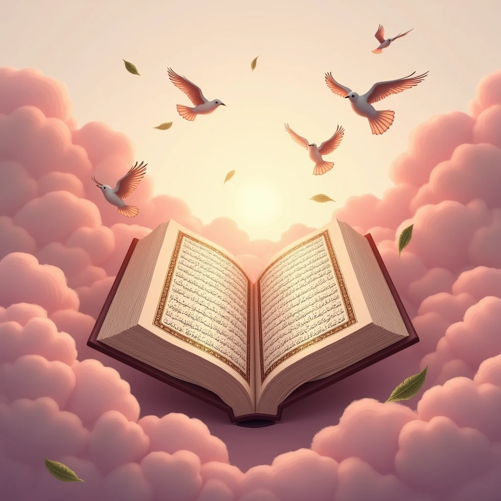 "A picture of a page from the Holy Quran amidst pink clouds, with birds flying around it and scattered leaves in the background."