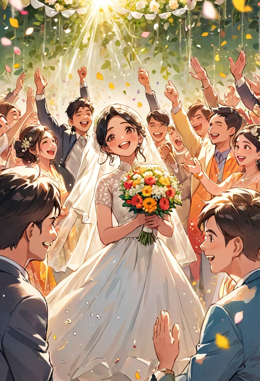 The Indian protagonist is in the position of someone celebrating at a wedding、Pop Comics、Celebrating with a flower shower、About 10 people are celebrating.、All smiles、The groom is handsome、The bride is pretty、The subjective view of the person celebrating