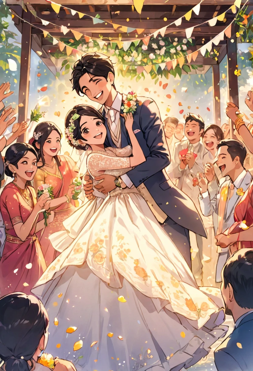 The Indian protagonist is in the position of someone celebrating at a wedding、Pop Comics、Celebrating with a flower shower、About 10 people are celebrating.、All smiles、The groom is handsome、The bride is pretty、The subjective view of the person celebrating