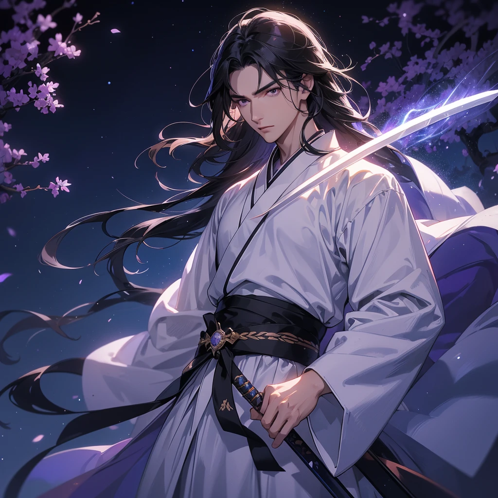 A Handsome black-hair male holding a large sword in white hanfu dress, Background is a dark moonless night, with dry trees in the background, and purple glowing light, close up.
