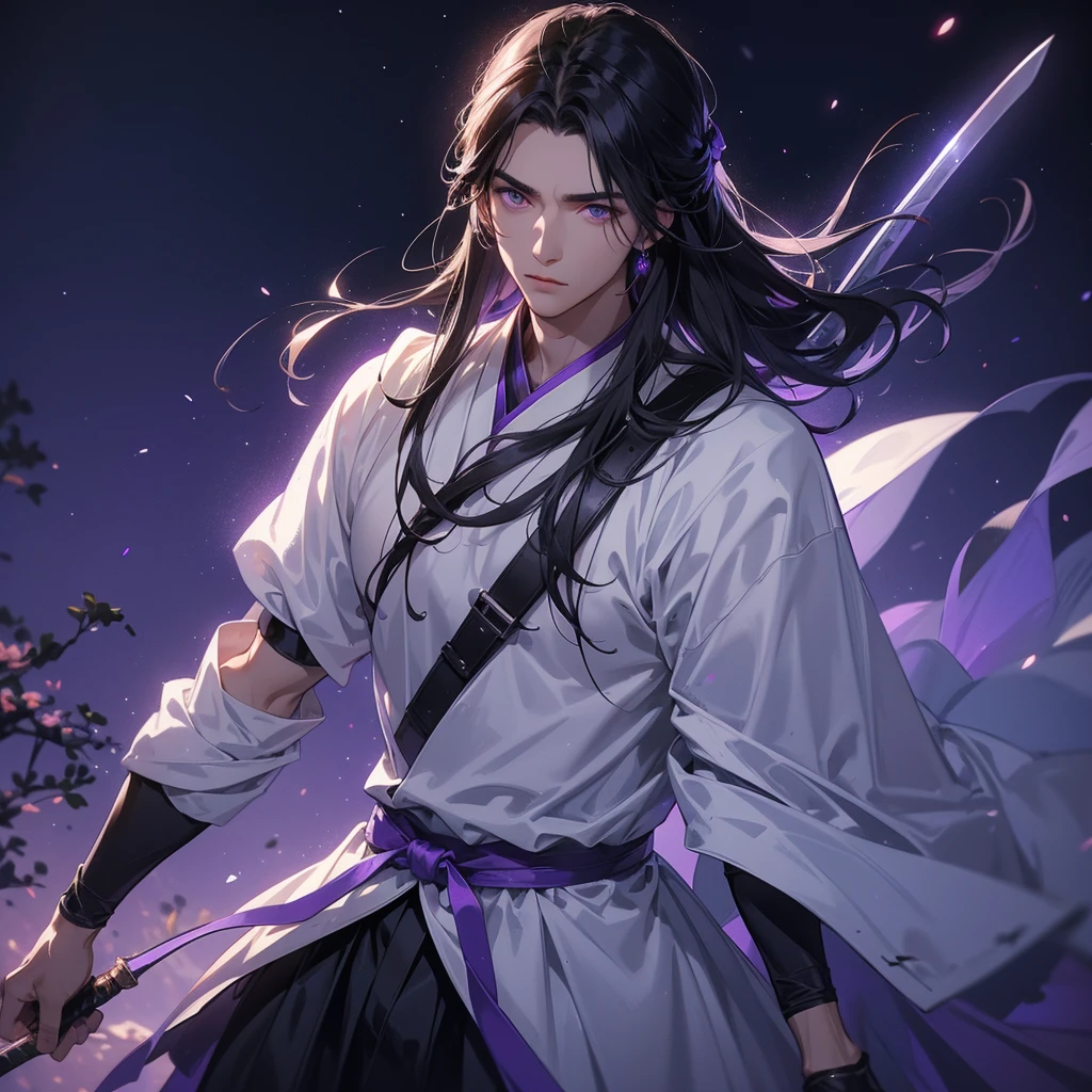 A Handsome black-hair male holding a large sword in white hanfu dress, Background is a dark moonless night, with dry trees in the background, and purple glowing light, close up.
