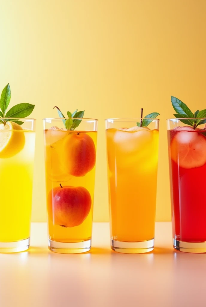 On one drink put all of these , showcasing its vibrant color and distinct appearance. Every cup contains a unique blend of ingredients, corresponding to a particular fruit. These include a lemon-infused drink, characterized by a refreshing yellow hue; an apple-flavored beverage, offering a crisp and light red shade; a mango-based drink, radiating a rich and tropical yellow color; and a honey blend, distinguished by its warm golden tone. The transparency of the cups allows the natural colors of the drinks to be fully appreciated, enhancing their visual appeal.