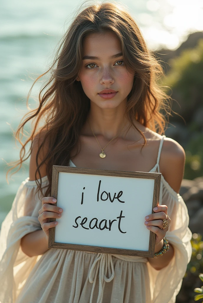 Beautiful girl with wavy long hair, bohemian dress, holding a white board with text "I Love Seaart Infinity" and showing it to the viewer