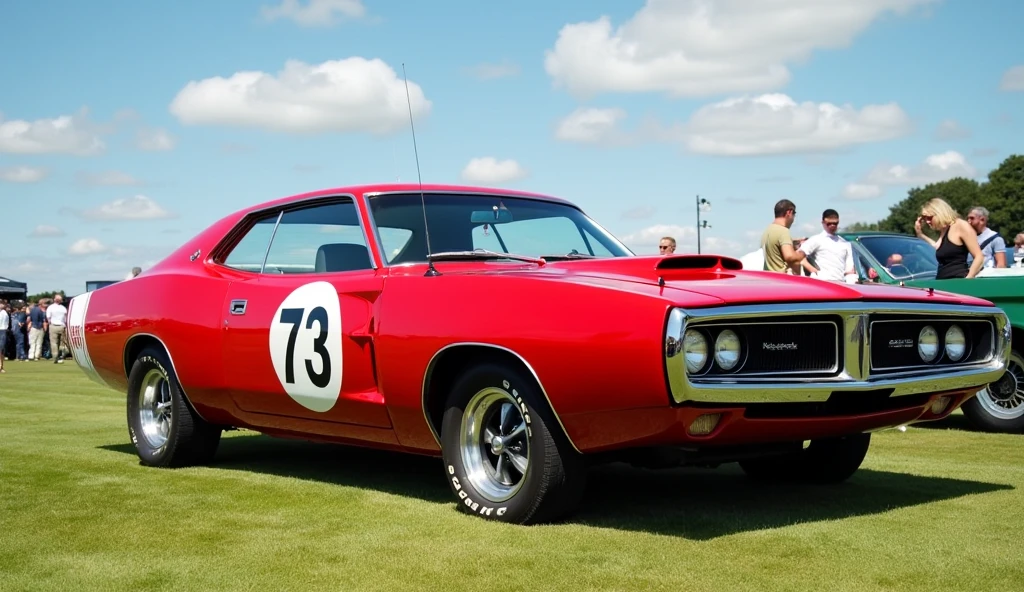 73 valiant charger met cherry red at the Goodwood festival with a sunny day, wispy white clouds