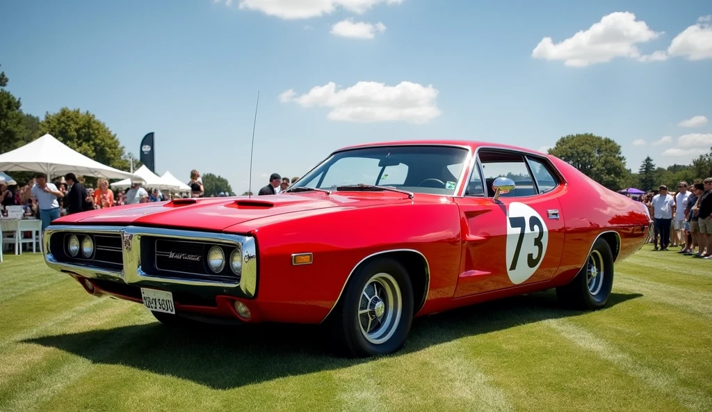 73 valiant charger met cherry red at the Goodwood festival  with a sunny day, wispy white clouds