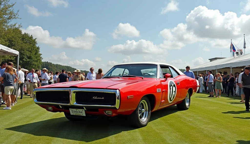 73 valiant charger met cherry red at the Goodwood festival with a sunny day, wispy white clouds
