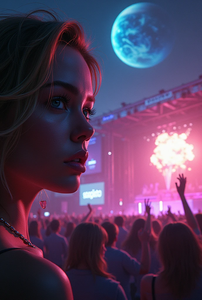 A woman's gaze in the background, while sipping cocktails I fell from space into an electronic music concert and with the word of sbagliato on the concert screens, while a planet explodes and a bottle of whiskey is opened by a DJ in the middle of a concert, All this with the look of a woman fainting in the sky and lights everywhere
