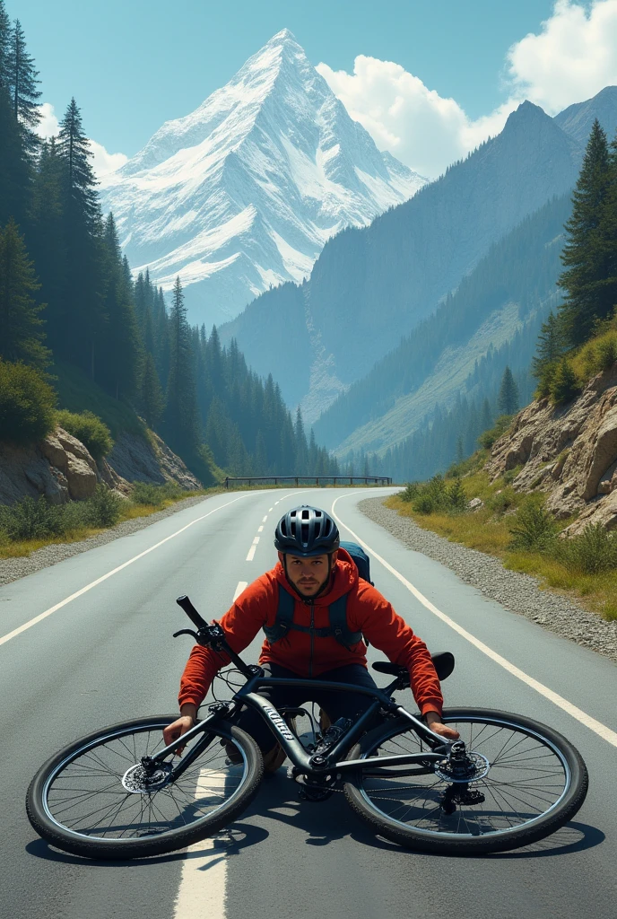 I want to create an image in which a 20-year-old boy goes on a bike trip to Nepal and meets with an accident on the very first day.