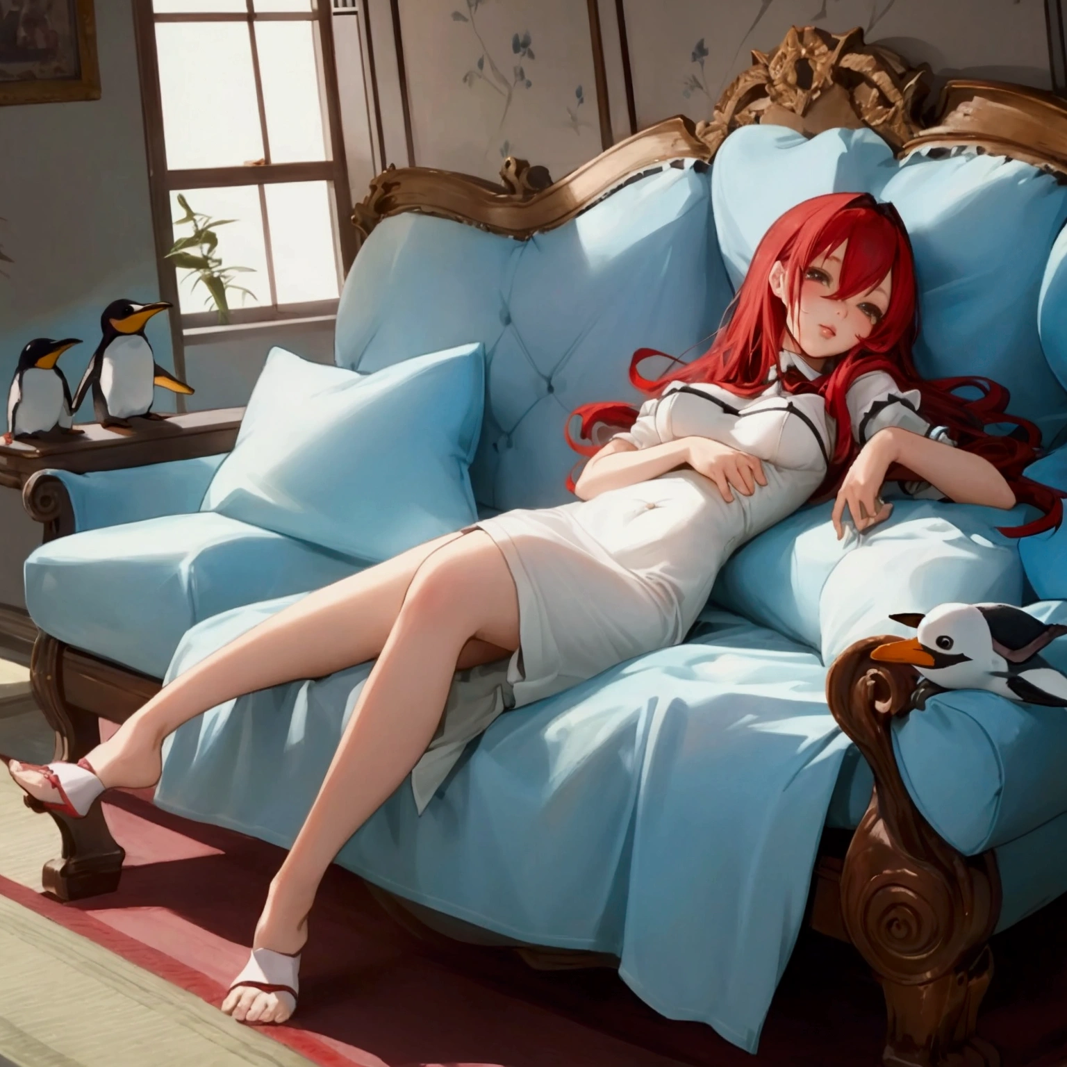 Alice's Memories in Wonderland,Lying on the sofa, stuffed penguins on the bed,red hair, cute Girl, fantastic photo breasts, hands on lips,full body,Japanese anime