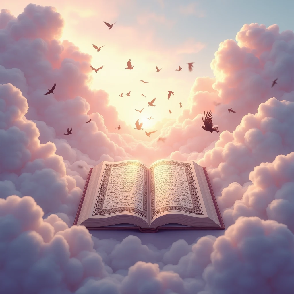 "A picture of a page from the Holy Quran amidst pink clouds, with birds flying around it and scattered leaves in the background."