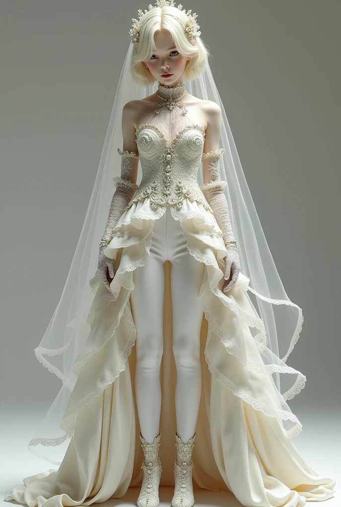 Young thin man, androgynous in appearance, white skin with short blonde hair in waves with layers and braided, rococo groom dress. She wears a unique outfit that combines a dress with very tight white dress pants.. The pants are complemented by a layered dress train that starts at the waist., with lace and tulle. The top is complete, without transparencies, Imperial jabot collar with marked waist, sleeveless, without transparencies, decorated with delicate ruffles and crystals sewn to the front that add a touch of luxury. The ensemble is completed with a bridal veil in layers of more than five meters., elbow length lace gloves
