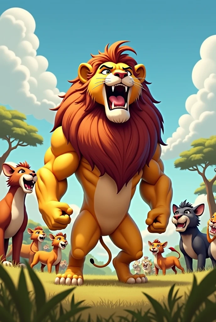 Detailed picture of a confident man anthro, (Lion, powerful body) standing proudly on the middle of the savanna, roaring with his mouth wide open. trending on Art Station, Ross Tran, ruan jia, foxovh, ((determined expression, the other animals are clapping and cheering in the background, cartoon