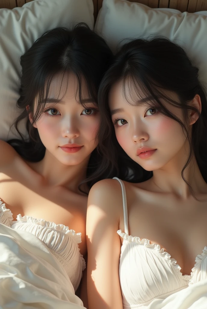 (2young girls:1.3), (Ultra realistic, high res), (highly detailed eyes, highly detailed hair, highly detailed face, highly detailed plump lips), naked, (off shoulder), breasts, upper body, caute smile, (best quality:1.4), Raw photo, (realistic, photo-realistic:1.37), professional photography, cinematic light, (fine face: 1.2),