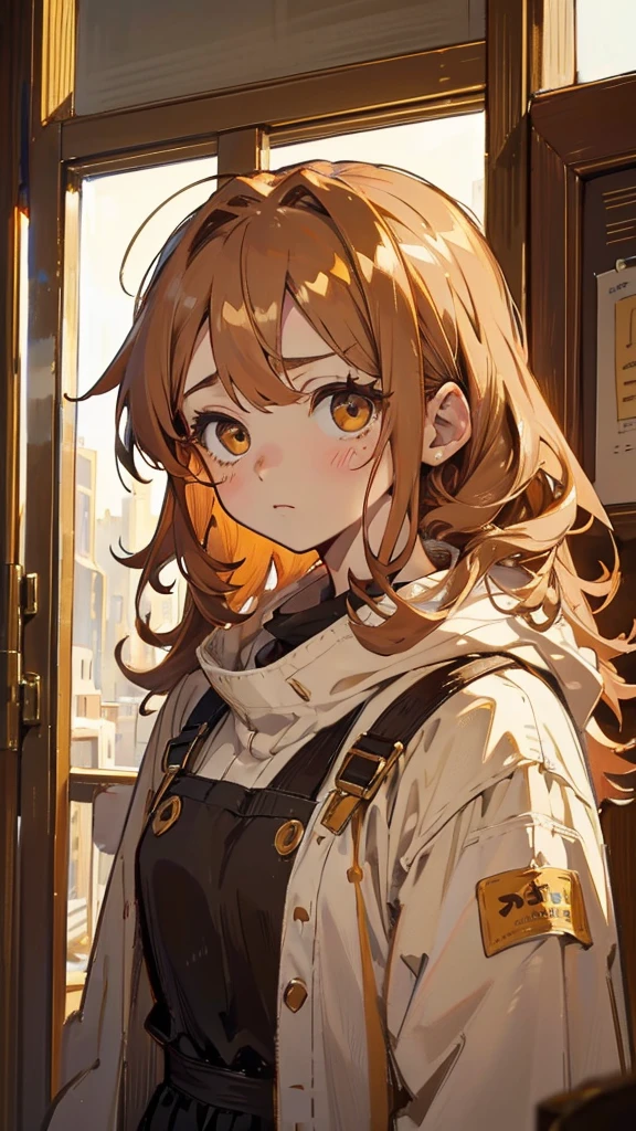 ((Highest quality)), (detailed), 1 person, Olive skin, Redhead, ショートヘア, Fluffy hair, Messy Hair, Big eyes, Brown eyes, そばかす, セーター, A tense look, ((masterpiece))