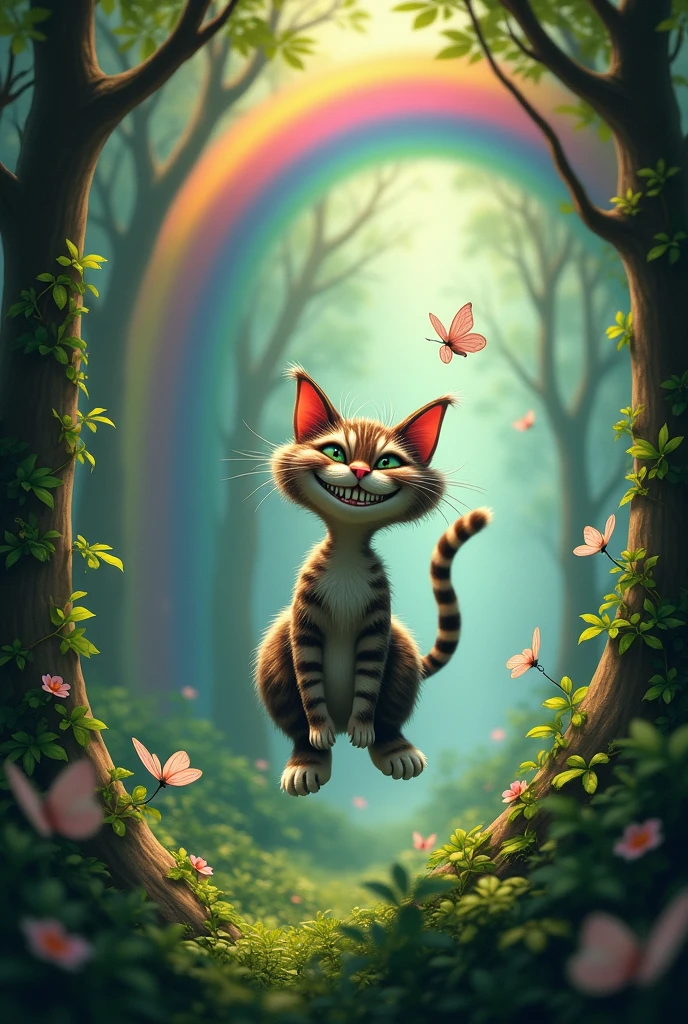 Cheshire Cat smiling among trees, with a beautiful rainbow and butterflies 