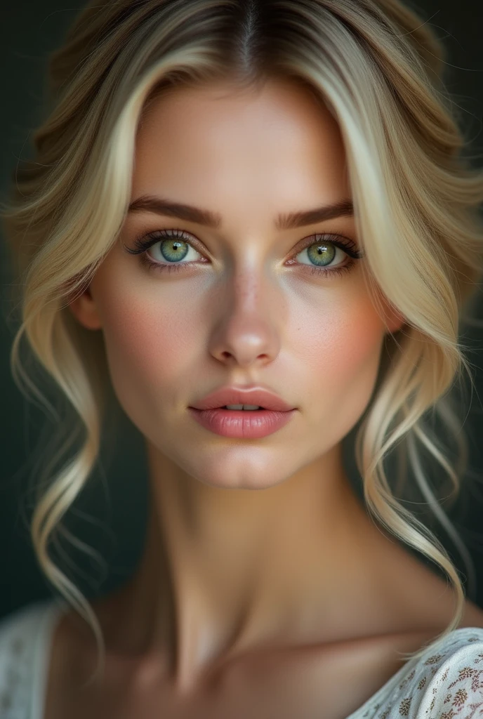 wife , origine russe , bionde , green eyes , bouche fermer , hair curl , fine nose , visage fin