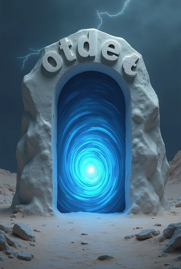 an arched door made out white letter stones that spell "OTDTE" in front of a swirling blue portal in a grey desert lightning lit night