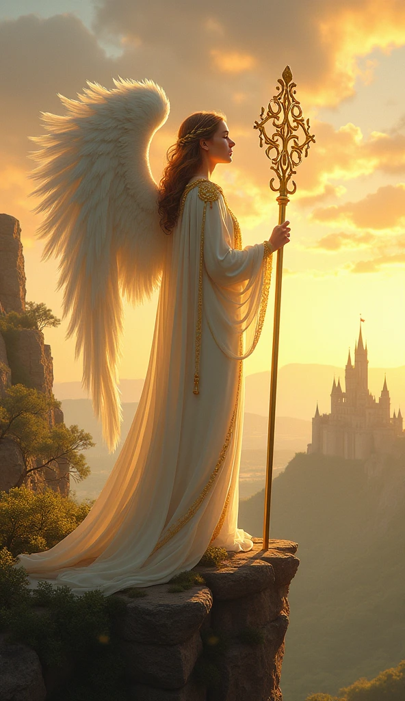 The image is a digital illustration of an angel standing on a rocky cliff overlooking a beautiful landscape. The angel is wearing a white robe with gold accents and has long white wings that are spread out behind her. She is holding a golden staff with intricate designs on it. The background shows a castle on a hill with a castle in the distance. The sky is filled with orange and yellow hues, indicating that it is either sunrise or sunset. The overall mood of the image is peaceful and serene.