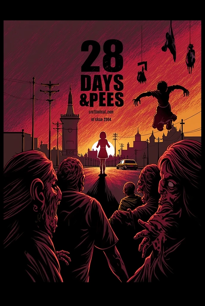 Create a zombie apocalypse. In the foreground, a group of zombies turning their back to the viewer, trying to reach toward the age girl that stand in the middle of the scene nervously and bravely. The background is a Thai-style urban street with traditional architecture and a tuk-tuk car, and Thai flag that cover with blood is blowing faraway. The tone is cold and bushy