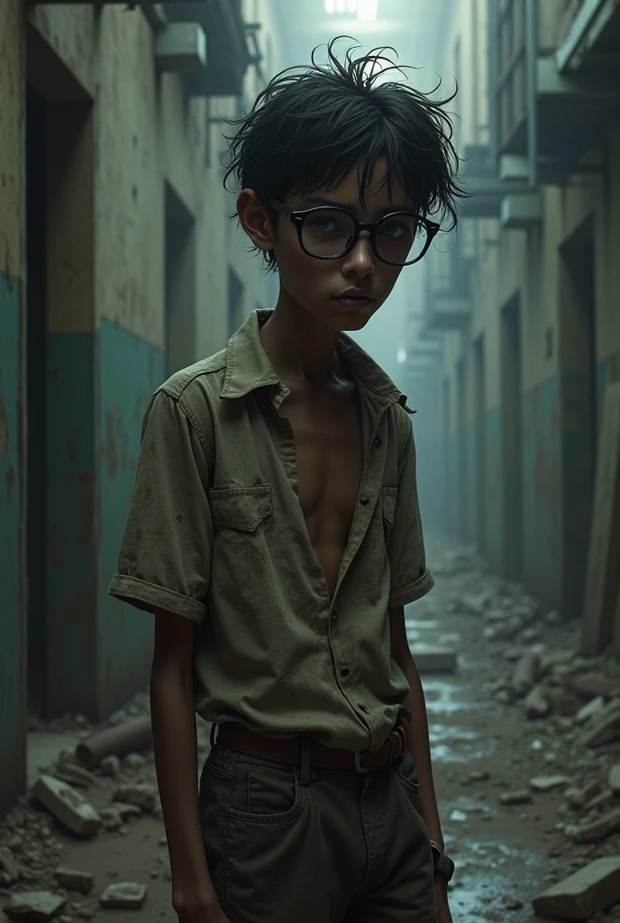 A thin, malnourished young man with dirty appearance and frizzy hair who wears glasses in an abandoned and dirty warehouse and black skin