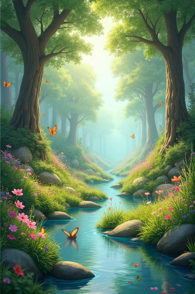stream with flowers and animals