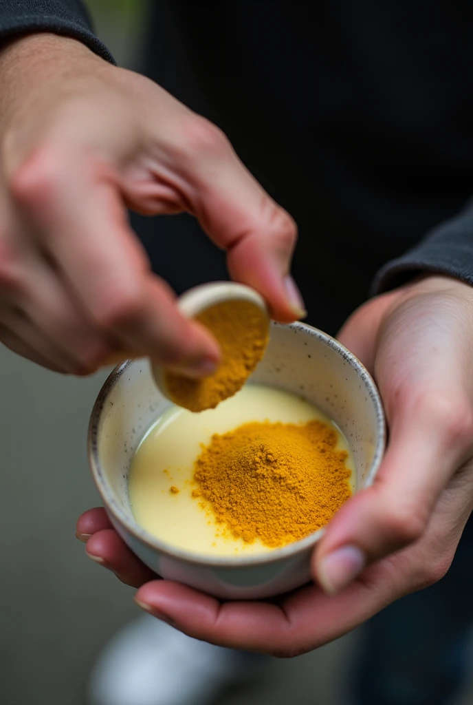 A man mixing very less amount of milk with more ginger powder also showing milk an powder together in small bowl pics from up