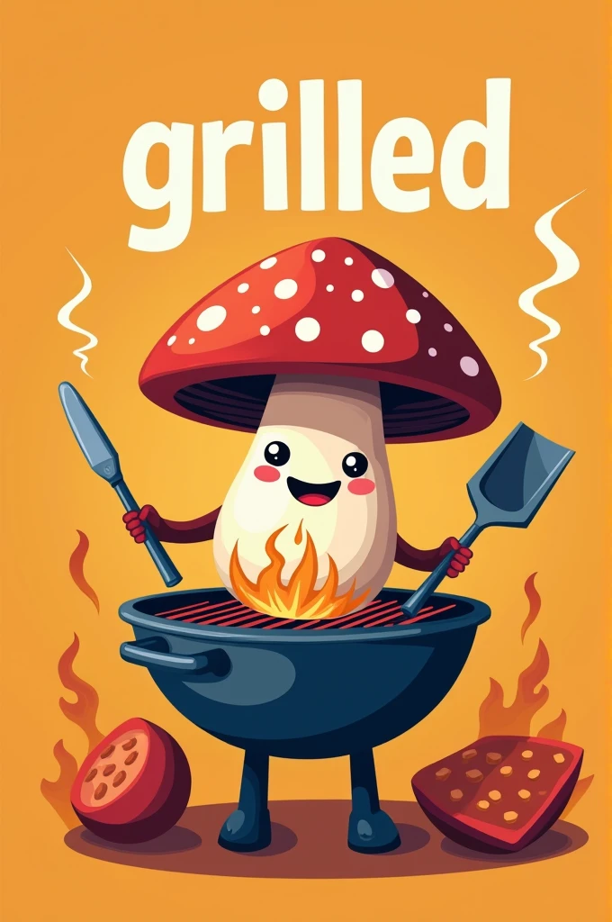 Animated grilling mushroom with grilling tools in orange and dark blue containing the word "grilled" roasting on a barbecue grill