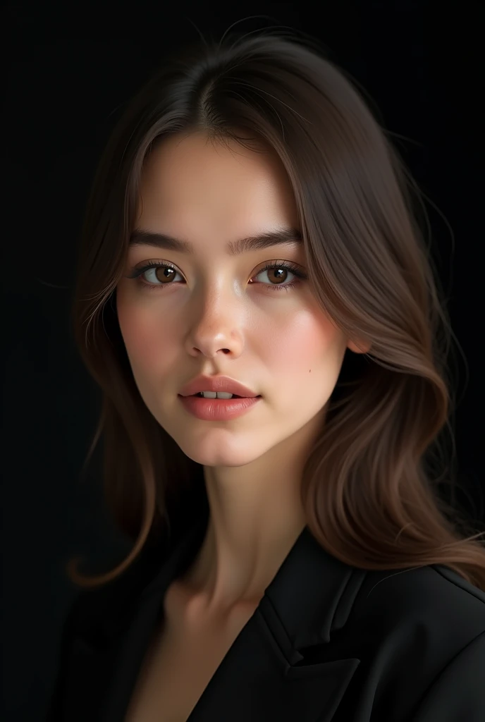 Crée moi le visage d’une jeune femme d’environ 20 ans super réaliste avec la peau beige un fond noir 
