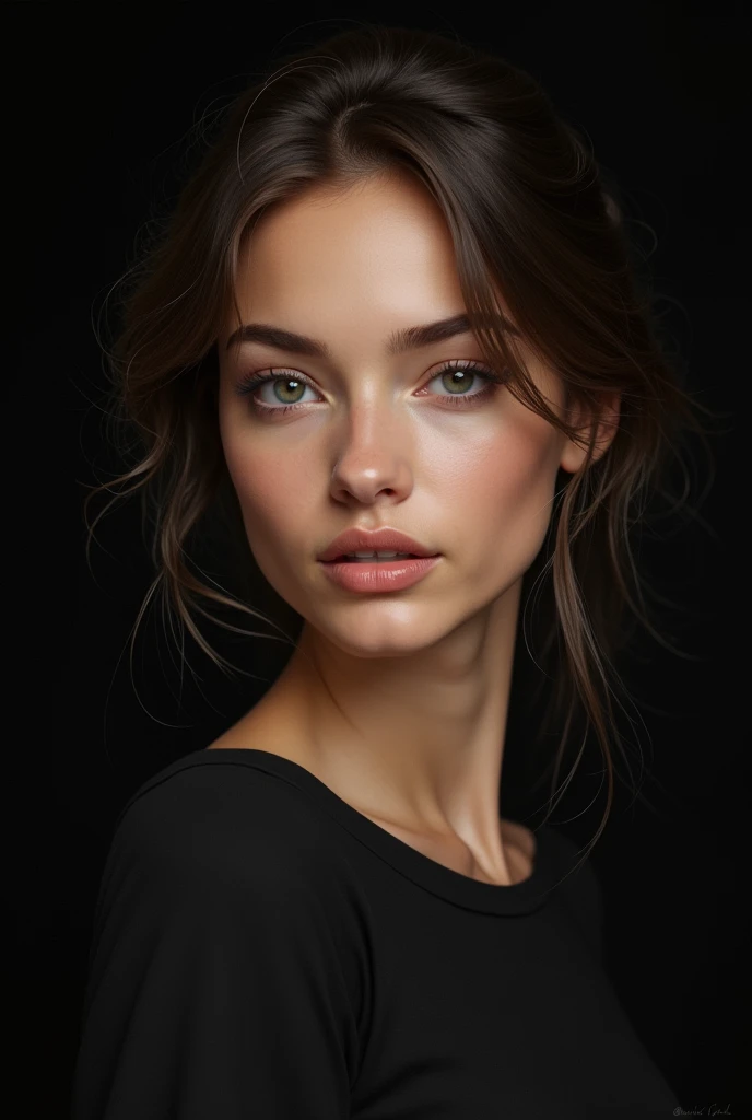 Crée moi le visage d’une jeune femme d’environ 20 ans super réaliste avec la peau beige un fond noir 