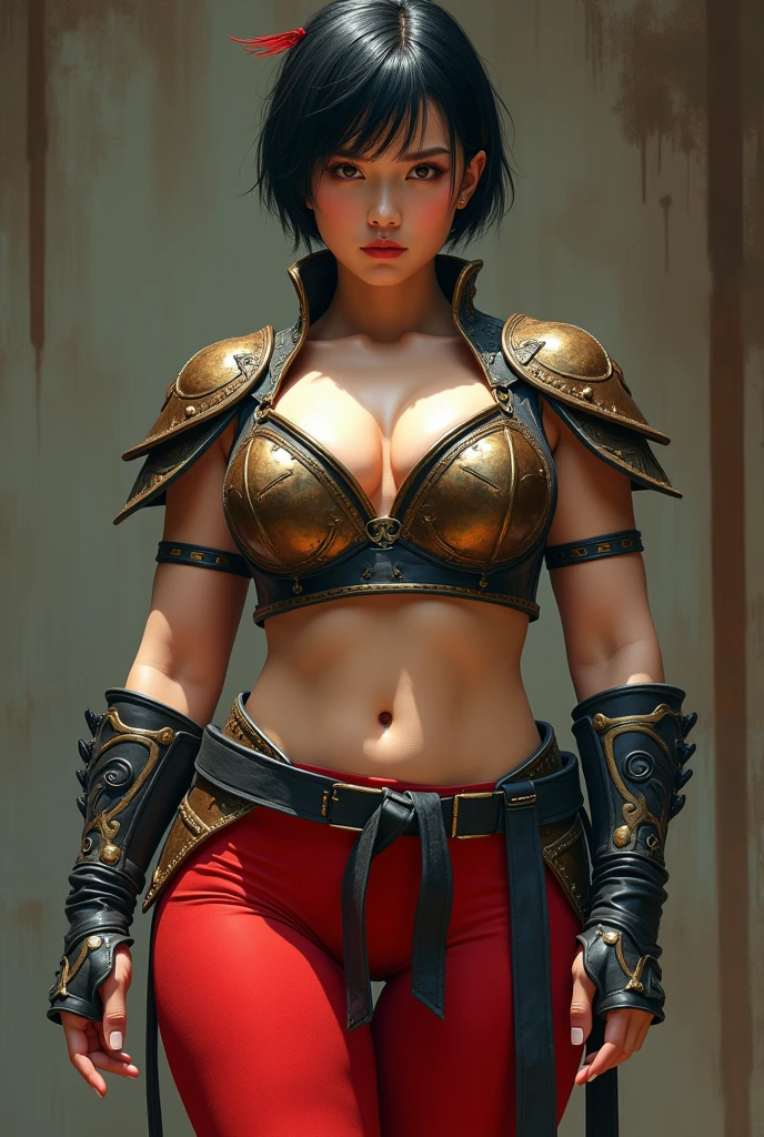 Location, A woman with very short hair wearing armor doing a Chun-Li cosplay, feminine, Incredibly small、Narrow waist、Abdominal muscles、Waistline, Lower body circumference over 80 inches hip, She has a very large hip size, World's largest butt, Location random, intense details, Bold leggings, Ultra-realistic, Her butt is big, Upper body, Plump lower body, Feminine body type, Portraiture, Reductionist style, Woman Core, Bold, Mike Campos' style, Herpen Iris, Howard Schatz, Fusion of Russia and the West, Inferior Goddess of the flesh