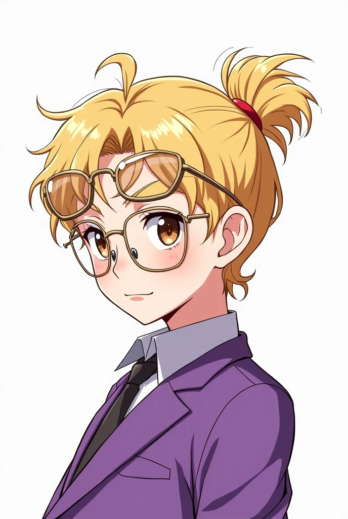 an 1 boy with white skin brown eyes medium length blond curly hair with a bun wearing aviator glasses with clear lens and gold frame on top of his head wearing an aurelia in neon color and is dressed in a purple suit, anime style, white background, several expression sheets