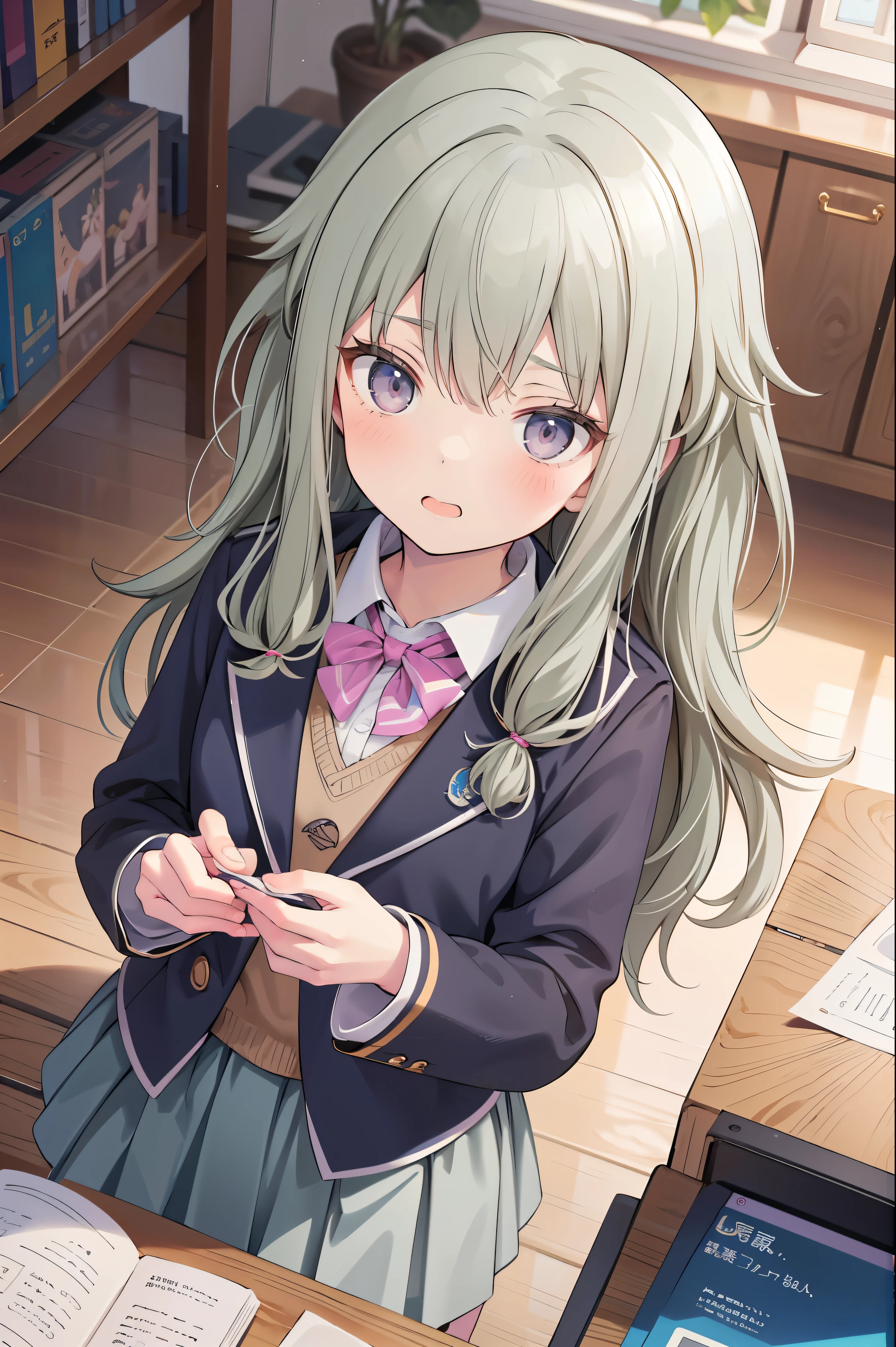 (8k, 最high quality)、Ultra-high resolution、adorable、最high quality, beautiful, (((Absurd beauty)))、school uniform、blazer、high quality、Shiny Hair、Very fine and beautiful bright eyes、Medium chest、nose blush、Very detailed, clear and beautiful face, Awards, (Anatomically correct), (((from above)))