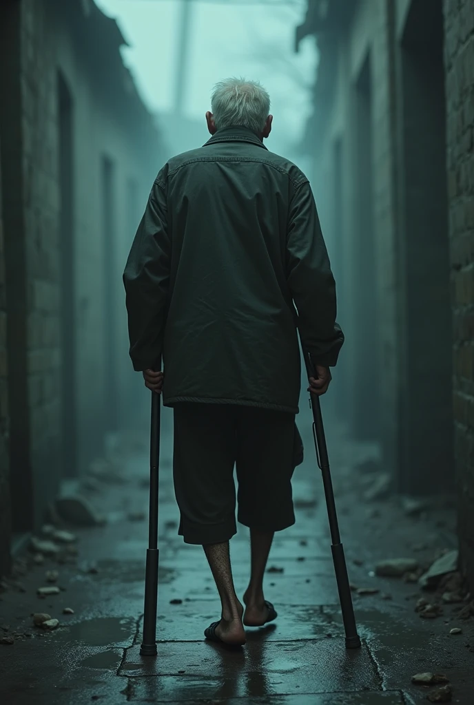 An image of an elderly man walking , facing away from the camera on crutches with a real dark scary amputated leg